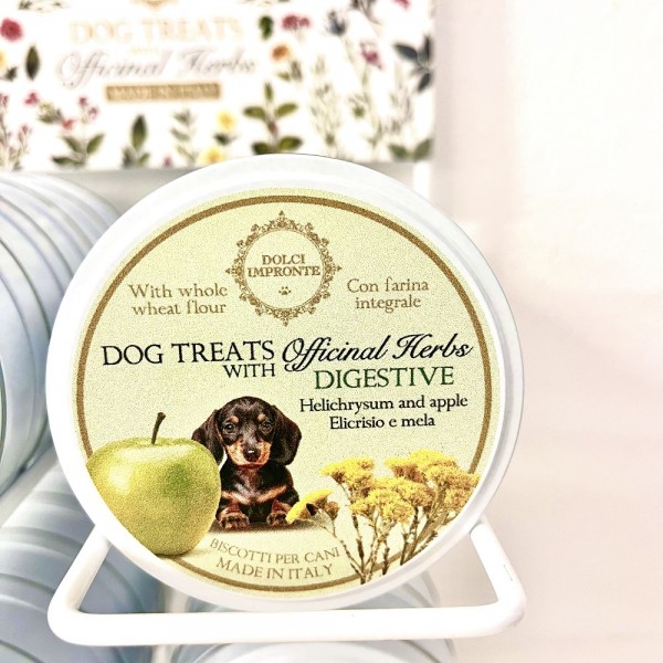 Dolci Impronte - Dog Treats Erbe Officinali - Confezione 12 Scatole latta 40gr - Digestive -Fiore elicrisio e mela