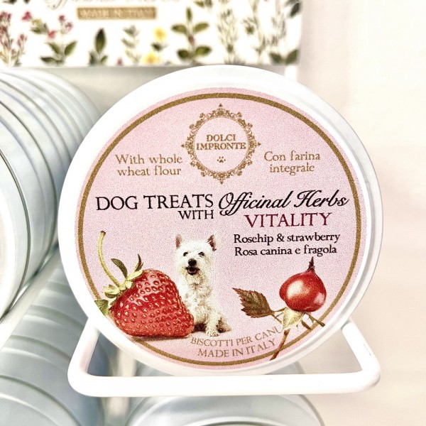 Dolci Impronte - Dog Treats Erbe Officinali - Confezione 12 Scatole latta 40gr - Vitality - Rosa canina e fragola